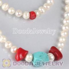 Fashion Freshwater Pearl Long Necklace with Turquoise and Coral