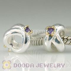 925 Solid Siver Beads In Heart Cross Design With Gold Plated Purple Stone Charms