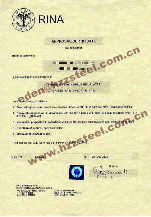 RINA CERTIFICATE