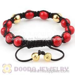 Red Coral Mens Shamballa Bracelet With Gold Nialaya Logo Bead