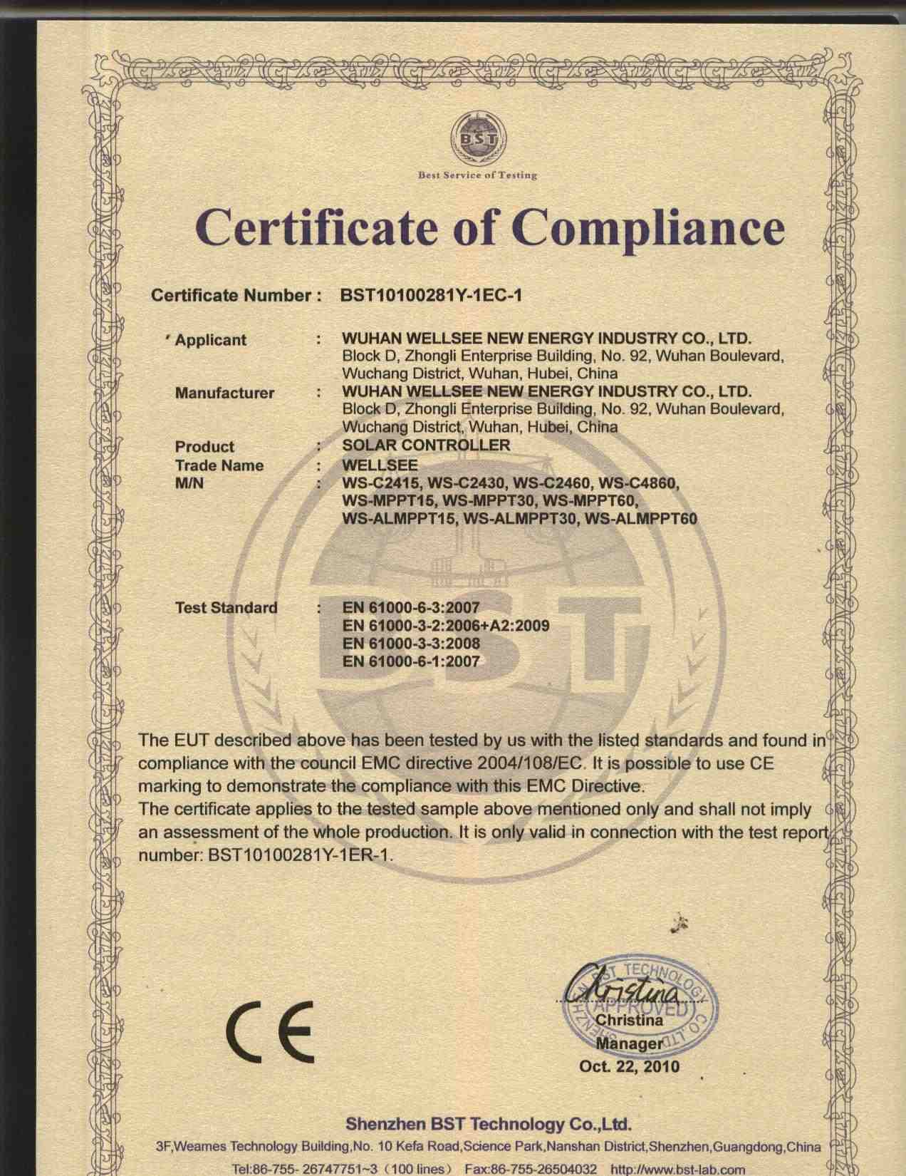 CE for wellsee solar controller