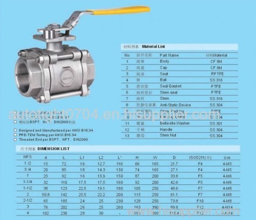 3PC full bore 1000PSI stainless steel ball valve