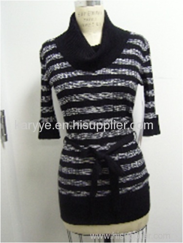 Elbow Sleeve Cowl Neck Pullover With Belt