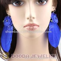 Navy Tibetan Jaderic Bohemia Styles Silk Flower Feather Earrings For Sale