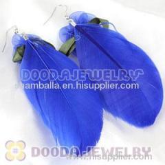 Navy Tibetan Jaderic Bohemia Styles Silk Flower Feather Earrings For Sale