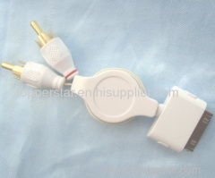 Retractable Two RCA Male Stereo Audio Cable with 30-pin, Suitable for Apple's iPod and iPhone