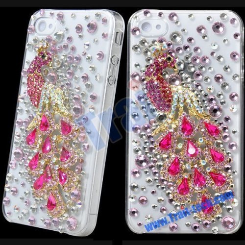 Luxurious 3D Rhinestone Diamond Crystal Plastic Hard Case for iPhone 4(Pink Peacock)