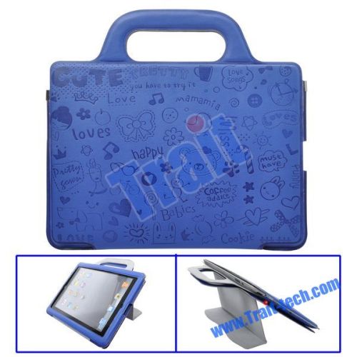 Cute Cartoon Handbag Style Stand Leather Case for iPad 2(Blue)