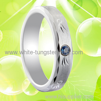 5MM Width Caving White Gold Tungsten Gold Wedding Ring with 1 Blue CZ Diamond