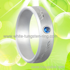 6MM Width Caving White Gold Tungsten Gold Wedding Ring with Blue CZ Diamond