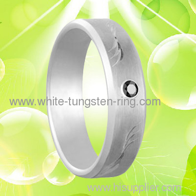 6MM Width Caving White Gold Tungsten Gold Wedding Ring with Black CZ Diamond