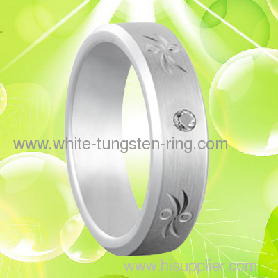 6MM Width Caving White Gold Tungsten Gold Ring with White CZ Diamond