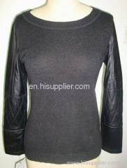 Women Cashmere Pullover with Sheep Leather Sleeves HS2031