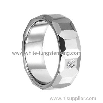 Facet Tungsten Ring with Single AAAAA Grade Cubic Zirconia Inlay
