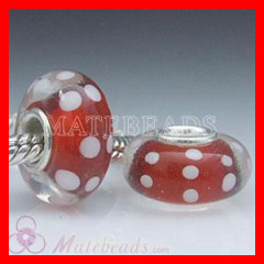 European Murano Red Glass Bead with White Polka Dot Design