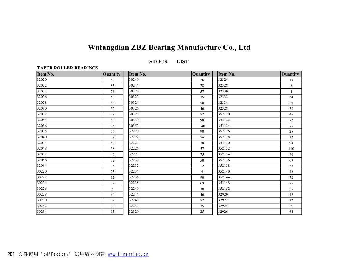 Stocklist for tapered bearings
