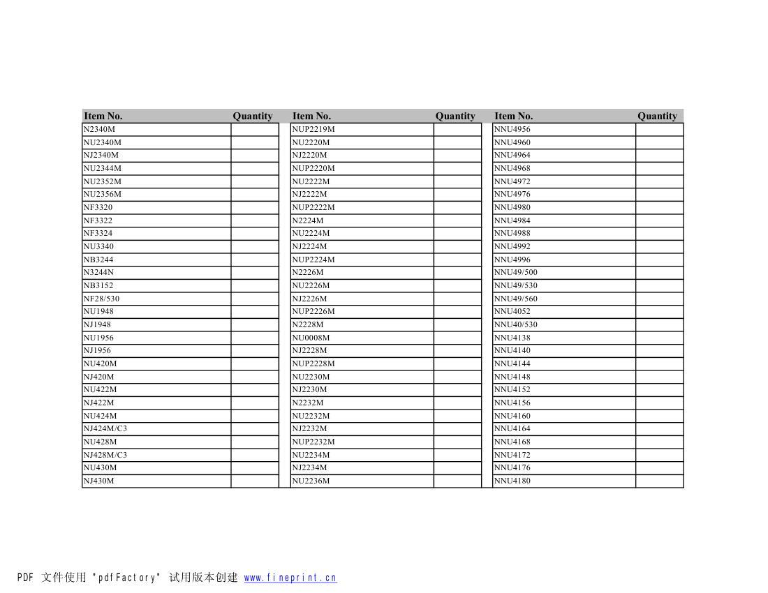 Stocklist for cylindrical bearings