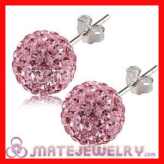Shamballa 10mm Sterling Silver Pink Czech Crystal Ball Stud Earrings
