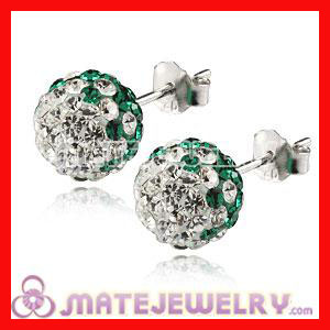 Shamballa 8mm Sterling Silver White-Green Czech Crystal Stud Earrings