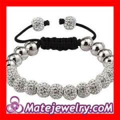 Shamballa 8mm Sterling Silver Faceted Beaded Macrame Bracelet With Pave Crystal Bead