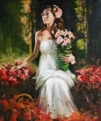 Girl holding flower oil painting