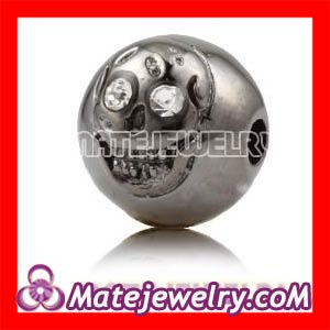 Shamballa 8×9mm Gun black plated Sterling Silver Skull Head Ball Bead with Clear Crystal stone