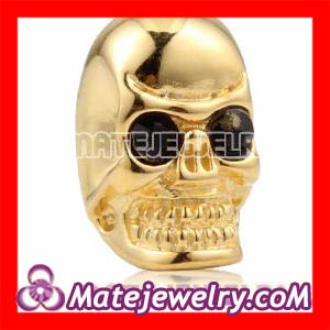 Shamballa 8×14mm 18K Gold plated Sterling Silver Skull Head Bead with Black Crystal stone