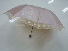 3 fold outside folding polyester/pearl sun umbrella with lace and case