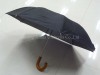 2 fold black auto open polyester umbrella with bent wooden handle