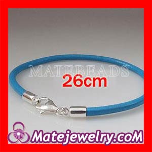 26cm european blue slippy leather bracelet with stering silver lobster clasp