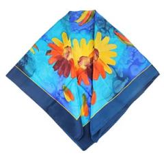 Floral Blue Large Square Silk Scarves for Women 105×105cm Hand Painted Silk Scarf