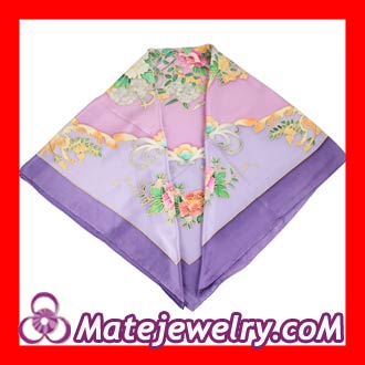 Elaborately Hand Painted Large Square Purple Silk Scarves for Women