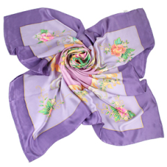Elaborately Hand Painted Large Square Purple Silk Scarves for Women