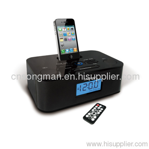 Portable ipod/iphone docking speaker with clock and radio