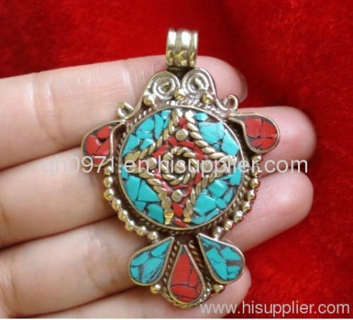 Turquoise and Red Coral Pendant