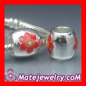 Silver red enamel flower beads