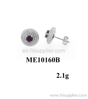 White CZ with Ruby Sterling Silver Earring Stud