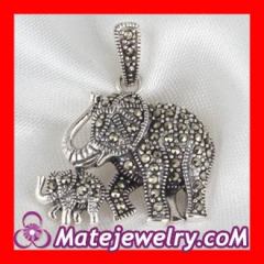 Thai Sterling Silver Marcasite Pendant Mother and Child Elephant