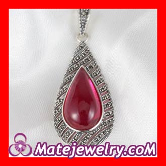 Thai Sterling Silver Marcasite Pendant inlay Teardrop Ruby Gemstone