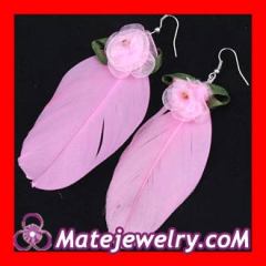 Wholesale Pink Tibetan Jaderic Bohemia Styles Silk Flower Feather Earrings