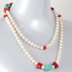 Wholesale Fashion Freshwater Pearl Long Necklace with Turquoise and Coral