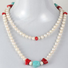 Wholesale Fashion Freshwater Pearl Long Necklace with Turquoise and Coral