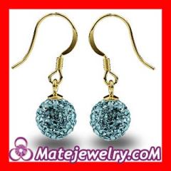 8mm Cyan Czech Crystal Ball Gold Plated Sterling Silver Hook Earrings