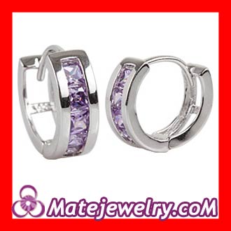 Sterling Silver Purple CZ Huggie Hoop Earrings
