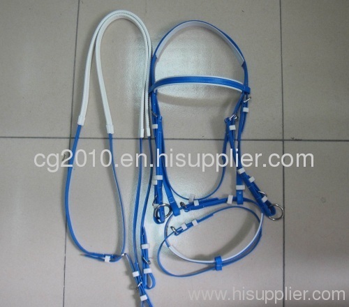 blue and white horse bridle