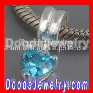Blue CZ stone european chamilia silver dangle heart charms wholesale