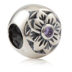 Antique Sterling Silver Flower Charm Beads With Purple Stone