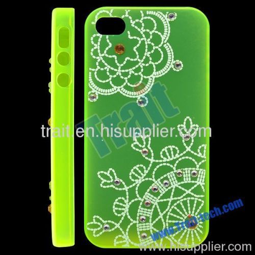 Transparent Flower Pattern with Diamonds Plastic Hard Case Cover for iPhone 4S (Green)