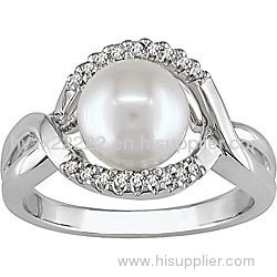 Sterling Silver Cultured Freshwater Pearl and Diamond Ring,925 silver jewelry,fine jewelry