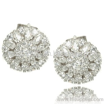 Floral Flower Design CZ Cubic Zirconia Sterling Silver Stud Earrings,925 silver jewelry,fine jewelry